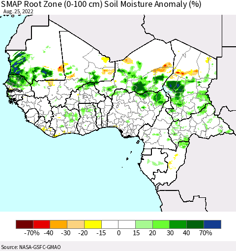 Western Africa SMAP Root Zone (0-100 cm) Soil Moisture Anomaly (%) Thematic Map For 8/21/2022 - 8/25/2022