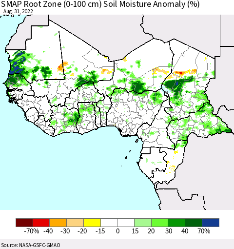 Western Africa SMAP Root Zone (0-100 cm) Soil Moisture Anomaly (%) Thematic Map For 8/26/2022 - 8/31/2022