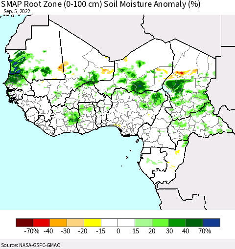 Western Africa SMAP Root Zone (0-100 cm) Soil Moisture Anomaly (%) Thematic Map For 9/1/2022 - 9/5/2022
