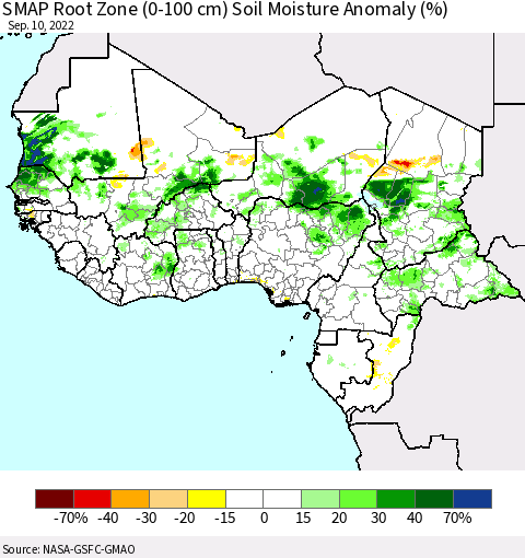 Western Africa SMAP Root Zone (0-100 cm) Soil Moisture Anomaly (%) Thematic Map For 9/6/2022 - 9/10/2022