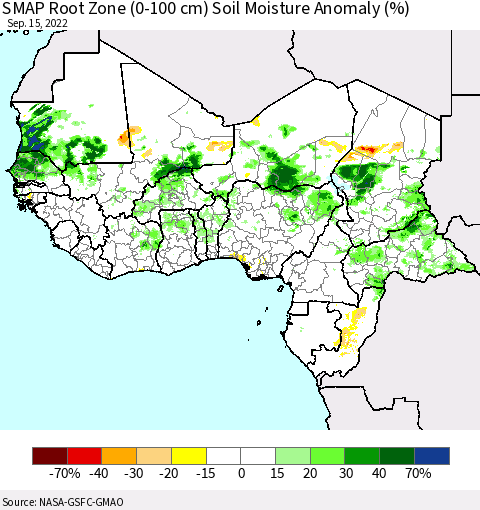 Western Africa SMAP Root Zone (0-100 cm) Soil Moisture Anomaly (%) Thematic Map For 9/11/2022 - 9/15/2022