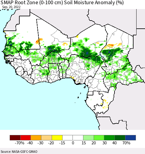 Western Africa SMAP Root Zone (0-100 cm) Soil Moisture Anomaly (%) Thematic Map For 9/16/2022 - 9/20/2022
