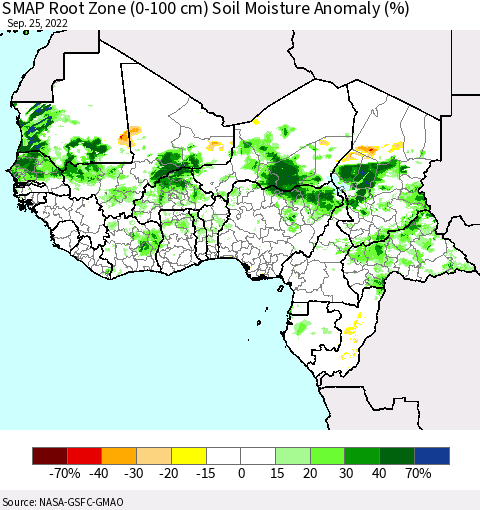 Western Africa SMAP Root Zone (0-100 cm) Soil Moisture Anomaly (%) Thematic Map For 9/21/2022 - 9/25/2022