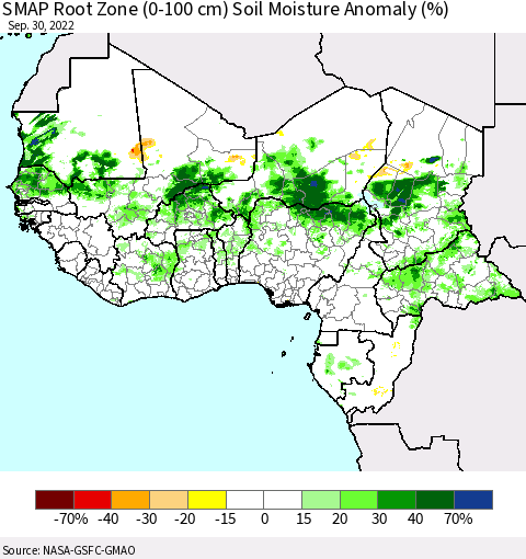 Western Africa SMAP Root Zone (0-100 cm) Soil Moisture Anomaly (%) Thematic Map For 9/26/2022 - 9/30/2022