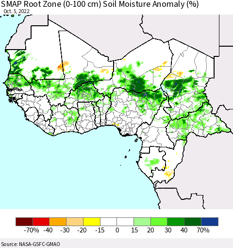 Western Africa SMAP Root Zone (0-100 cm) Soil Moisture Anomaly (%) Thematic Map For 10/1/2022 - 10/5/2022