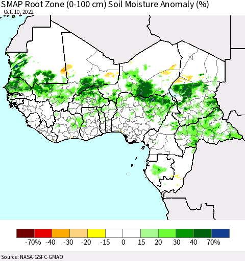 Western Africa SMAP Root Zone (0-100 cm) Soil Moisture Anomaly (%) Thematic Map For 10/6/2022 - 10/10/2022