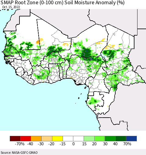Western Africa SMAP Root Zone (0-100 cm) Soil Moisture Anomaly (%) Thematic Map For 10/11/2022 - 10/15/2022
