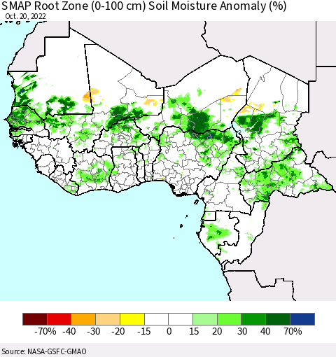 Western Africa SMAP Root Zone (0-100 cm) Soil Moisture Anomaly (%) Thematic Map For 10/16/2022 - 10/20/2022