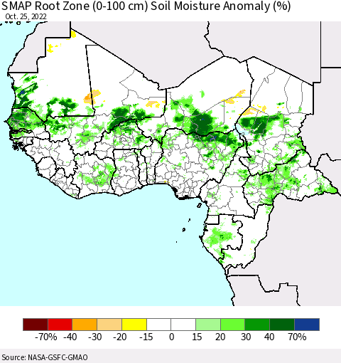 Western Africa SMAP Root Zone (0-100 cm) Soil Moisture Anomaly (%) Thematic Map For 10/21/2022 - 10/25/2022