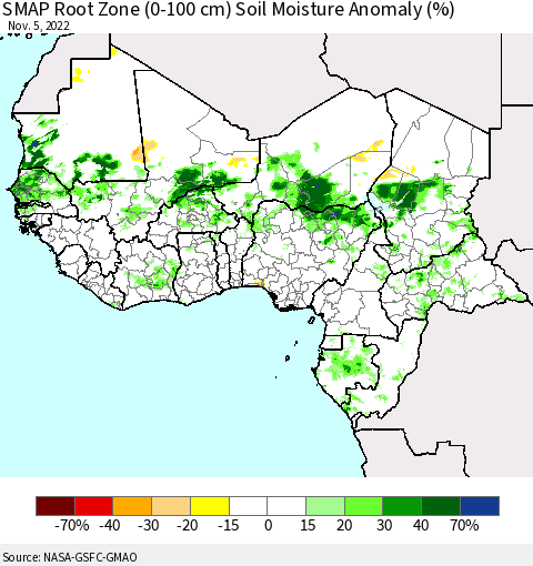 Western Africa SMAP Root Zone (0-100 cm) Soil Moisture Anomaly (%) Thematic Map For 11/1/2022 - 11/5/2022