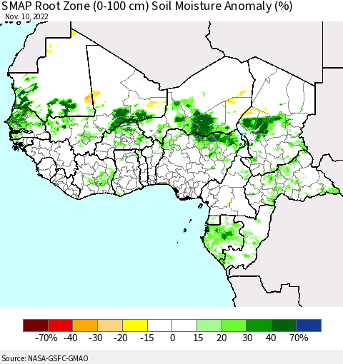 Western Africa SMAP Root Zone (0-100 cm) Soil Moisture Anomaly (%) Thematic Map For 11/6/2022 - 11/10/2022