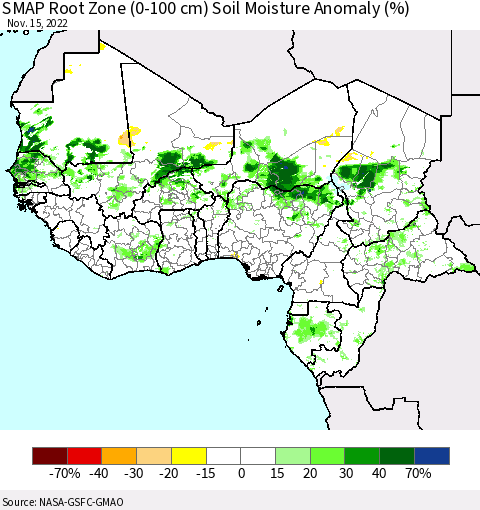 Western Africa SMAP Root Zone (0-100 cm) Soil Moisture Anomaly (%) Thematic Map For 11/11/2022 - 11/15/2022
