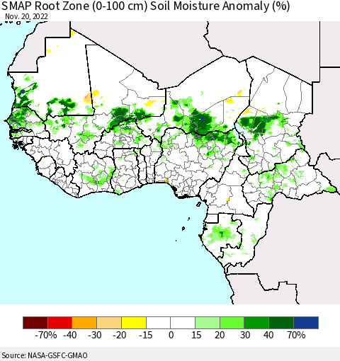 Western Africa SMAP Root Zone (0-100 cm) Soil Moisture Anomaly (%) Thematic Map For 11/16/2022 - 11/20/2022