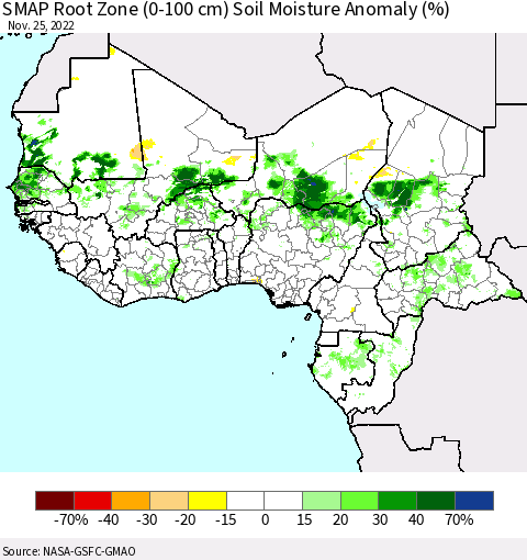 Western Africa SMAP Root Zone (0-100 cm) Soil Moisture Anomaly (%) Thematic Map For 11/21/2022 - 11/25/2022
