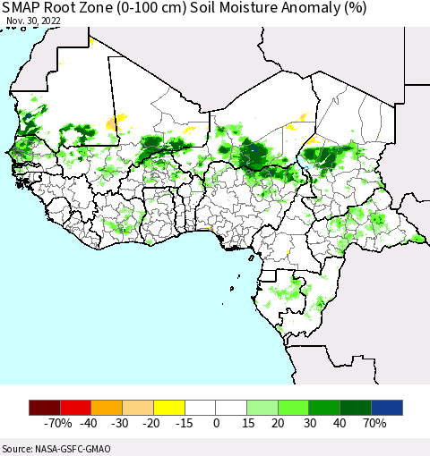 Western Africa SMAP Root Zone (0-100 cm) Soil Moisture Anomaly (%) Thematic Map For 11/26/2022 - 11/30/2022