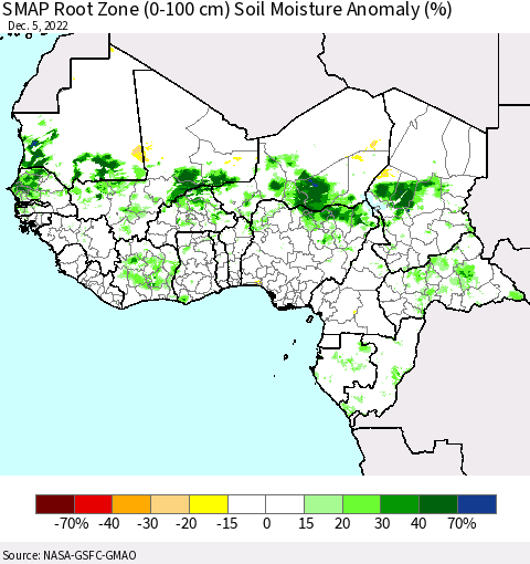 Western Africa SMAP Root Zone (0-100 cm) Soil Moisture Anomaly (%) Thematic Map For 12/1/2022 - 12/5/2022
