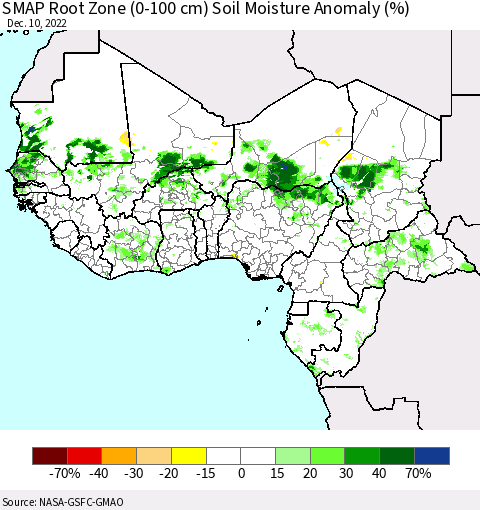 Western Africa SMAP Root Zone (0-100 cm) Soil Moisture Anomaly (%) Thematic Map For 12/6/2022 - 12/10/2022
