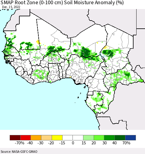 Western Africa SMAP Root Zone (0-100 cm) Soil Moisture Anomaly (%) Thematic Map For 12/11/2022 - 12/15/2022