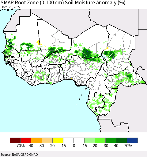 Western Africa SMAP Root Zone (0-100 cm) Soil Moisture Anomaly (%) Thematic Map For 12/16/2022 - 12/20/2022