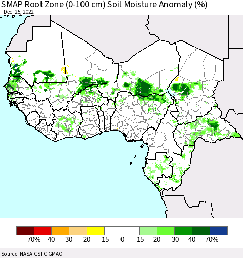 Western Africa SMAP Root Zone (0-100 cm) Soil Moisture Anomaly (%) Thematic Map For 12/21/2022 - 12/25/2022