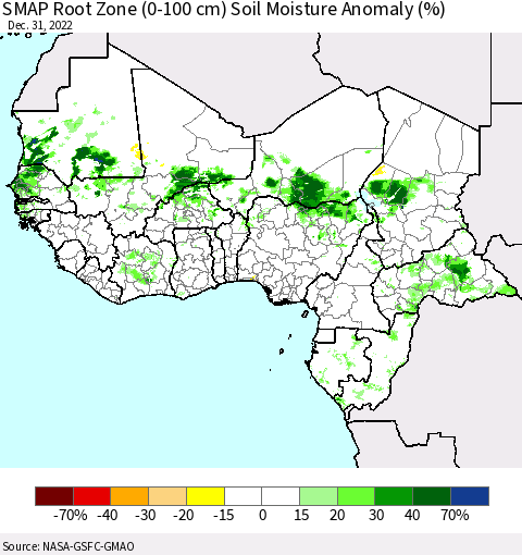 Western Africa SMAP Root Zone (0-100 cm) Soil Moisture Anomaly (%) Thematic Map For 12/26/2022 - 12/31/2022