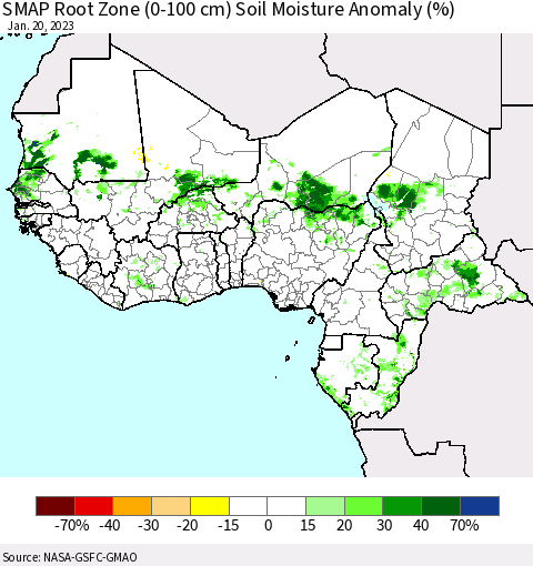 Western Africa SMAP Root Zone (0-100 cm) Soil Moisture Anomaly (%) Thematic Map For 1/16/2023 - 1/20/2023