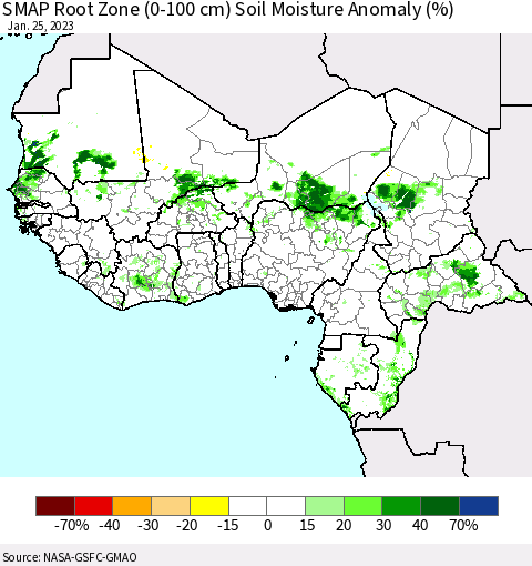Western Africa SMAP Root Zone (0-100 cm) Soil Moisture Anomaly (%) Thematic Map For 1/21/2023 - 1/25/2023