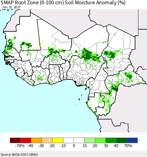 Western Africa SMAP Root Zone (0-100 cm) Soil Moisture Anomaly (%) Thematic Map For 1/26/2023 - 1/31/2023