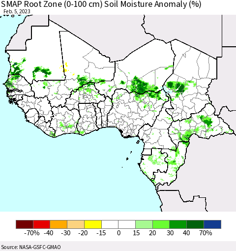 Western Africa SMAP Root Zone (0-100 cm) Soil Moisture Anomaly (%) Thematic Map For 2/1/2023 - 2/5/2023