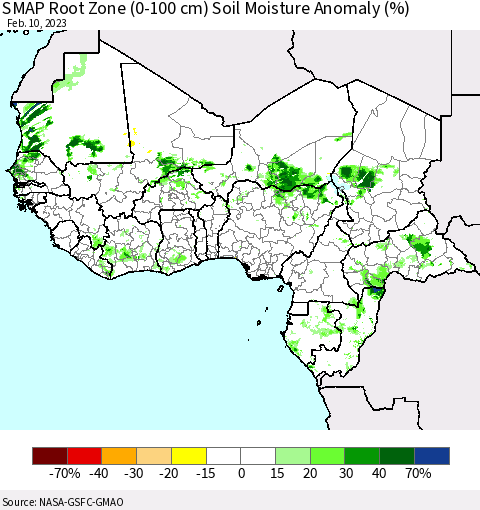Western Africa SMAP Root Zone (0-100 cm) Soil Moisture Anomaly (%) Thematic Map For 2/6/2023 - 2/10/2023