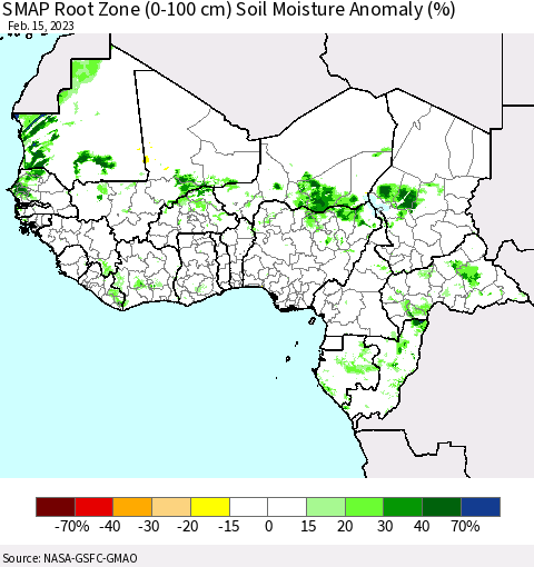 Western Africa SMAP Root Zone (0-100 cm) Soil Moisture Anomaly (%) Thematic Map For 2/11/2023 - 2/15/2023
