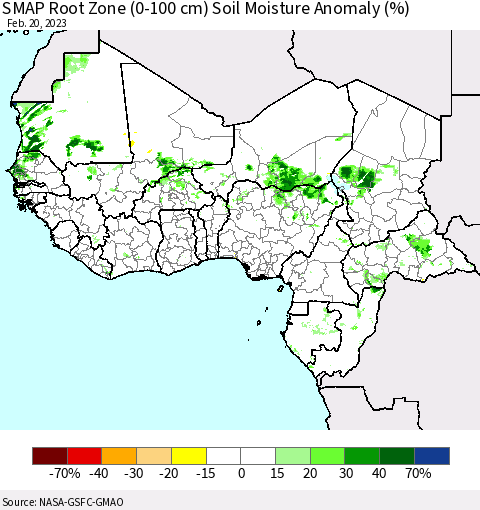 Western Africa SMAP Root Zone (0-100 cm) Soil Moisture Anomaly (%) Thematic Map For 2/16/2023 - 2/20/2023
