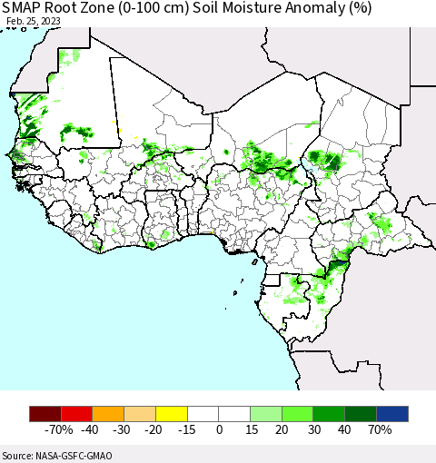 Western Africa SMAP Root Zone (0-100 cm) Soil Moisture Anomaly (%) Thematic Map For 2/21/2023 - 2/25/2023