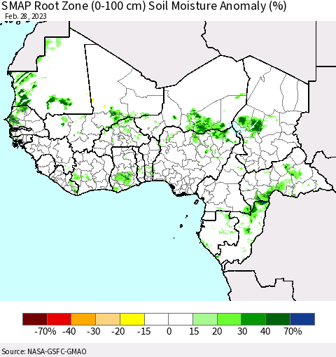 Western Africa SMAP Root Zone (0-100 cm) Soil Moisture Anomaly (%) Thematic Map For 2/26/2023 - 2/28/2023