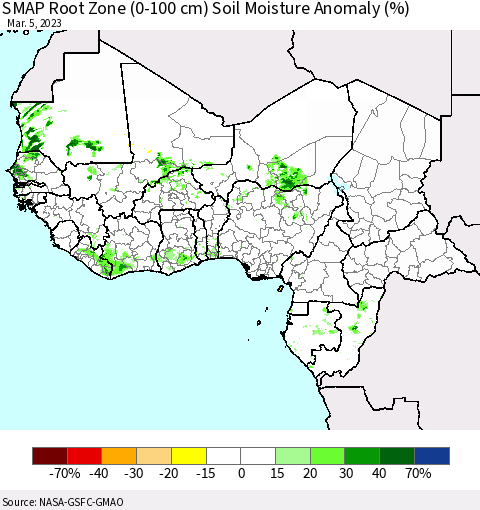 Western Africa SMAP Root Zone (0-100 cm) Soil Moisture Anomaly (%) Thematic Map For 3/1/2023 - 3/5/2023
