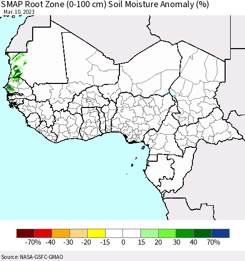 Western Africa SMAP Root Zone (0-100 cm) Soil Moisture Anomaly (%) Thematic Map For 3/6/2023 - 3/10/2023