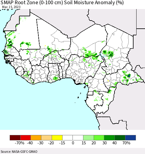 Western Africa SMAP Root Zone (0-100 cm) Soil Moisture Anomaly (%) Thematic Map For 3/11/2023 - 3/15/2023