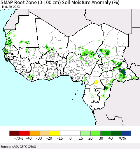 Western Africa SMAP Root Zone (0-100 cm) Soil Moisture Anomaly (%) Thematic Map For 3/16/2023 - 3/20/2023