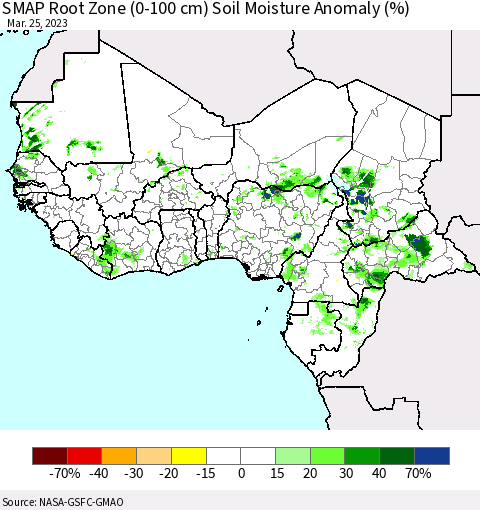 Western Africa SMAP Root Zone (0-100 cm) Soil Moisture Anomaly (%) Thematic Map For 3/21/2023 - 3/25/2023