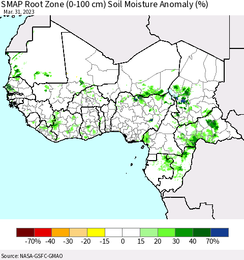 Western Africa SMAP Root Zone (0-100 cm) Soil Moisture Anomaly (%) Thematic Map For 3/26/2023 - 3/31/2023