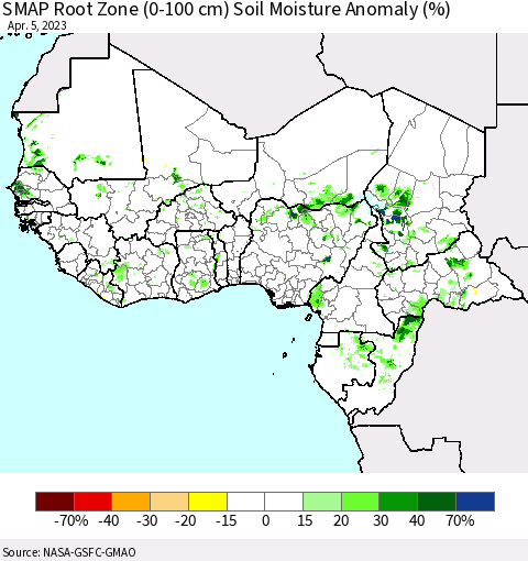 Western Africa SMAP Root Zone (0-100 cm) Soil Moisture Anomaly (%) Thematic Map For 4/1/2023 - 4/5/2023