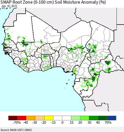 Western Africa SMAP Root Zone (0-100 cm) Soil Moisture Anomaly (%) Thematic Map For 4/6/2023 - 4/10/2023