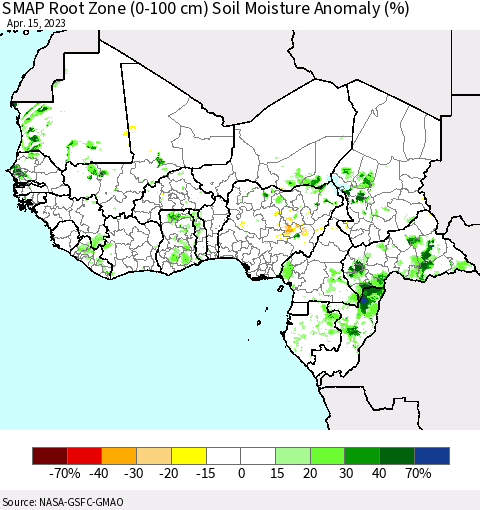 Western Africa SMAP Root Zone (0-100 cm) Soil Moisture Anomaly (%) Thematic Map For 4/11/2023 - 4/15/2023