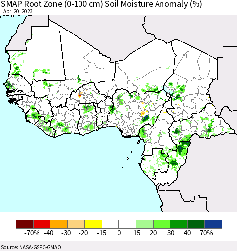 Western Africa SMAP Root Zone (0-100 cm) Soil Moisture Anomaly (%) Thematic Map For 4/16/2023 - 4/20/2023