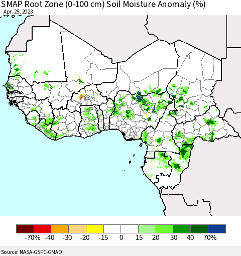 Western Africa SMAP Root Zone (0-100 cm) Soil Moisture Anomaly (%) Thematic Map For 4/21/2023 - 4/25/2023
