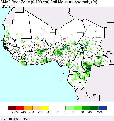 Western Africa SMAP Root Zone (0-100 cm) Soil Moisture Anomaly (%) Thematic Map For 4/26/2023 - 4/30/2023