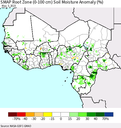 Western Africa SMAP Root Zone (0-100 cm) Soil Moisture Anomaly (%) Thematic Map For 5/1/2023 - 5/5/2023