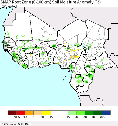 Western Africa SMAP Root Zone (0-100 cm) Soil Moisture Anomaly (%) Thematic Map For 5/6/2023 - 5/10/2023