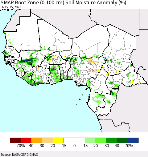 Western Africa SMAP Root Zone (0-100 cm) Soil Moisture Anomaly (%) Thematic Map For 5/11/2023 - 5/15/2023