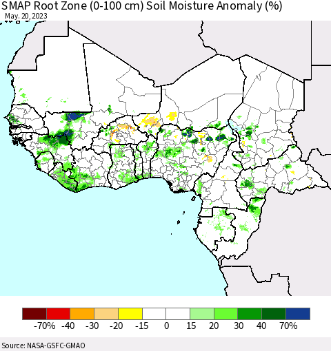 Western Africa SMAP Root Zone (0-100 cm) Soil Moisture Anomaly (%) Thematic Map For 5/16/2023 - 5/20/2023